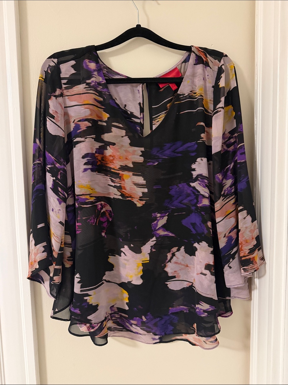 Jennifer Lopez Black Sheer Abstract Floral Blouse with Purple and Blush Accents